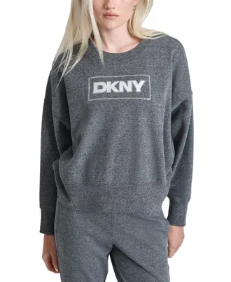 DKNY Dkny Sport Sweatshirt Womens Black Heather Fleece Rhinestone Crew Neck FTS416