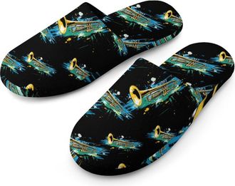 Generic Music Brass Instrument Flannel Mens Slip-on Slippers Winter Warm House Shoes with Rubber Sole for Home Hotel