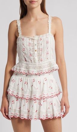 LoveShackFancy Vietta Cherry Embroidered Lace Cotton Crop Tank in Optic White at Nordstrom, Size Medium
