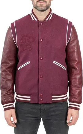 Maceoo Marthyr Leather Sleeve Varsity Jacket in Red at Nordstrom, Size 3