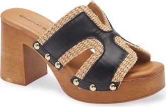 Chocolat Blu Mae Platform Sandal in Black Leather-Raffia at Nordstrom, Size 8-8.5Us