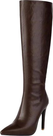 Generic Women Knee High Boots Pointed Toe Heeled Long Zipper Winter Solid Color Elegant Party Boot