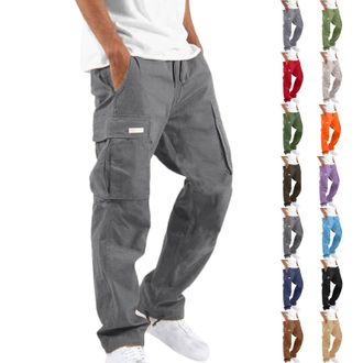 Generic Mens Cargo Pants Straight Leg Long Trousers with Pockets Drawstring Elastic Waist Utility Style Bottoms for Outdoor Fitness Casual Daily Wear Street O