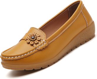 Generic Womens Soft Sole Comfortable Leather Shoes, Casual Driving Moccasins Women Boat Shoes Flats Slip on Penny Loafers (Yellow,7.5)