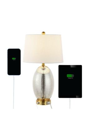 Jonathan Y Designs Reese 26.5 1-Outlet Contemporary Style Iron/Glass LED Table Lamp with USB Charging Port in Silver/brass Gold at Nordstrom