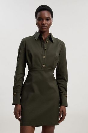 Karen Millen Womens Petite Techno Cotton Gold Hardware Long Sleeve Woven Mini Dress - Khaki - Size 12 UK
