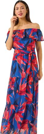 Roman Womens Floral Print Bardot Belted Maxi Dress - Navy - Size 18 UK