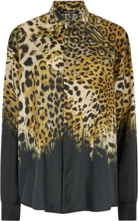 Roberto Cavalli Jaguar Print Zijden Overhemd Lange Mouwen - Dames - Overhemden - Bruin - 4XL - Overhemden