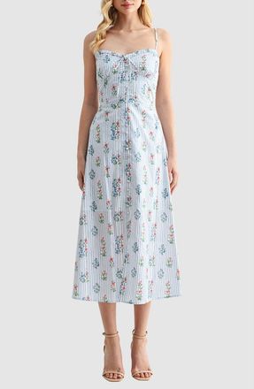 Lush Sweetheart Tie Neck Midi Sundress in Blue Stripe Floral at Nordstrom Rack, Size X-Small