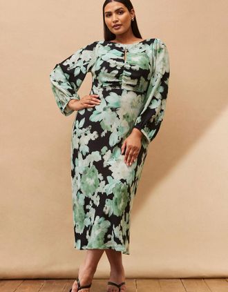 Live Unlimited London Womens Green Floral Print Ruched Maxi Dress - Size: 18