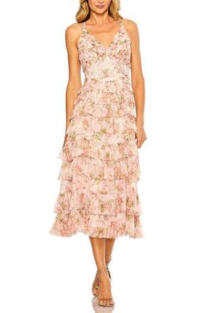 Mac Duggal Sleeveless V Neck Floral Mesh Ruffle Midi Dress in Blush Multi at Nordstrom, Size 10
