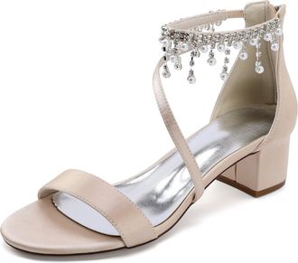 Generic Bridal Wedding Shoes Womens Chunky Heels Sandals Low Heel Satin Bridal Shoes for/Engagement/Evening/Prom 4.5Cm,Champagne,10 UK