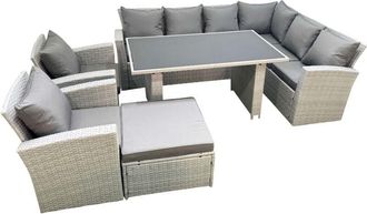 Fimous Outdoor Garden Furniture Sets 9 Seater Wicker Rattan Corner Sofa Sets with Rectangular Dining Table Lounge Sofa Big Footstool Light Grey - Fimous