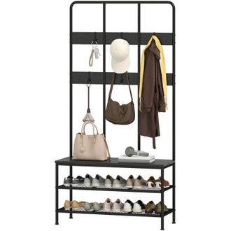 HOMCOM Homcom - Attaccapanni da Ingresso 3 in 1 con 6 Ganci e Panca con Scarpiera Nero