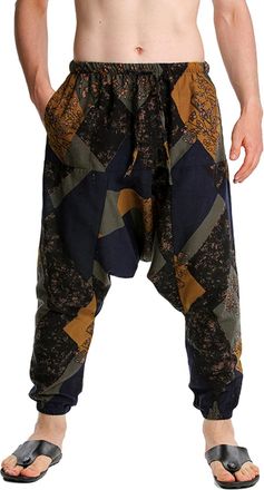 Generic Mens Drawstring Aladdin Hippie Harem Pants Loose Drop Crotch Trousers Flying Squirrel Pants Cotton Linen Wide Leg Baggy Sweatpants Low Crotch Relaxed 