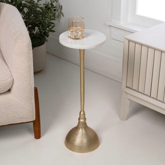 Jonathan Y Designs Ava 23.75 Art Deco Contemporary Metal Pedestal Drink Table and Decorative End Table with White Marble Round Top and Hammered Base, Nickel