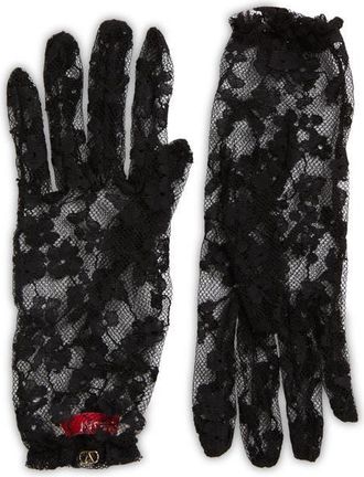 Valentino Garavani VLOGO Sheer Floral Lace Gloves in N06 Nero/Oro at Nordstrom, Size 8