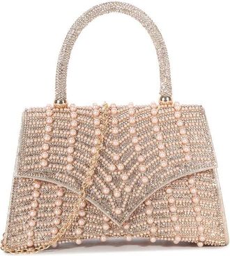 Girly HandBags Womens Beaded Top Handle Evening Bag - Geometric Pattern Hard Case Purse with Chain Strap for Weddings, Parties, and Formal Events Medium Rose Gold
