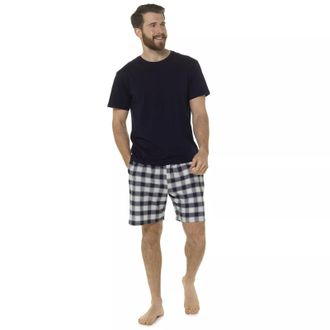 Generic Foxbury Mens Cotton Short Sleeve T-Shirt And Checked Shorts PJ Set (UK, Alpha, XL, Regular, Regular, Navy)