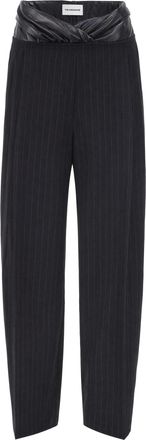 Andamane Black Pinstripe Draped Synthetic Leather Cotton-Blend Wide-Leg Pants