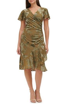 Kensie Floral Velvet Burnout Faux Wrap Midi Dress in Olive at Nordstrom Rack, Size 10