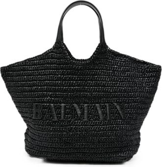 Balmain Gevlochten Schoudertas met Geborduurd Logo - Dames - Shoppers - Zwart - ONE Size - Tassen