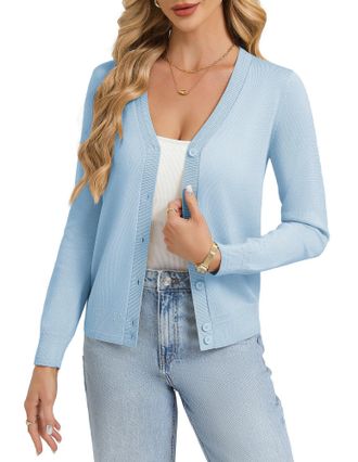Grace Karin Womens Lightweight Cardigan Summer Classic V Neck Button Down Knit Shrugs Jumper M Light Blue