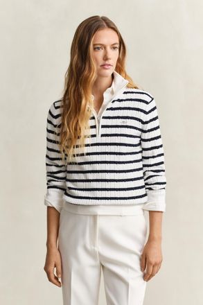 GANT Women Striped Cable Knit Half-Zip Sweater (XXL) EGGSHELL