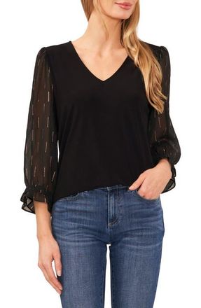 CeCe by Cynthia Steffe V-Neck Mixed Media Top in Rich Black at Nordstrom, Size X-Small