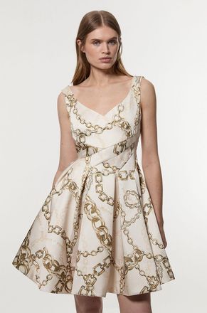 Karen Millen Womens Structured Viscose Satin Chain Print Tailored Prom Mini Dress - Multicolour - Size 10 UK
