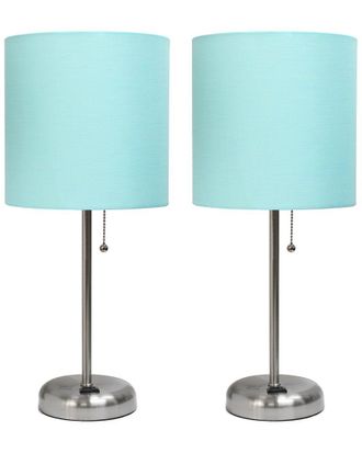 Lalia Home Brushed Steel Stick Lamp With Charging Outlet And Fabric Shade 2Pk Set