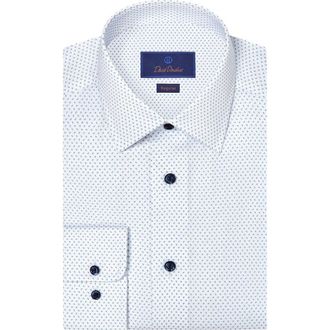 David Donahue Regular Fit Neat Cotton Dress Shirt in White/Navy at Nordstrom, Size 15.5 - 34