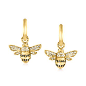 Ross-Simons Italian. Black and White CZ Removable Bumblebee Charm Huggie Hoop Earrings in 18kt Gold Over Sterling