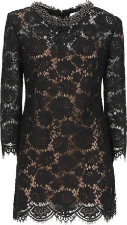 Self Portrait Black Lace Midi Dress With Nude Slip And Silver-Embellished Collar