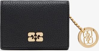 Ganni Black Card Holder With Flap in Grained Gold