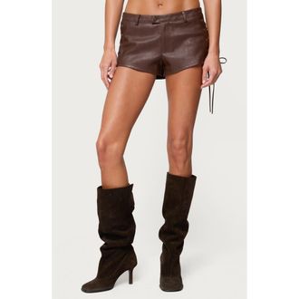 Edikted Kariss Lace Up Faux Leather Mini Shorts in Brown at Nordstrom, Size X-Large