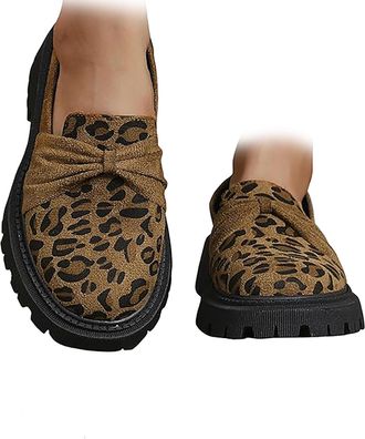Generic Women Platforms Suede Loafers Bow,Leopard Print Slip On Casual Bow Shoes,Women Suede Bow Loafers Platformses,Suedes Lug Sole Chunky Heels Shoes with B