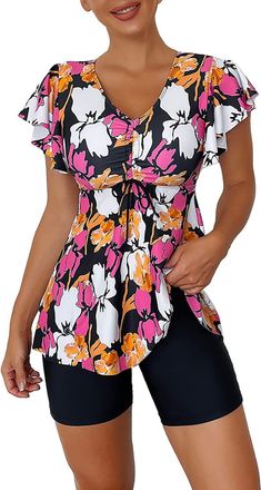 Generic Swimming Costume Women Tankini Ladies Conservative Two Piece Swimsuit Women Swimming Shorts Sets Padded Bikini Top with Boyleg Swimming Shorts