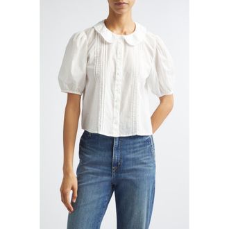 Mille Harriet Lace Detail Elbow Sleeve Cotton Button-Up Shirt in White at Nordstrom, Size X-Small