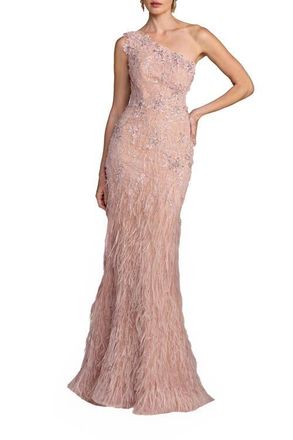 Mac Duggal Embellished Lace One Shoulder Feather Gown in Vintage Lilac at Nordstrom, Size 10