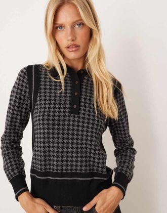 GANT Polo in maglia jacquard nera pied de poule-Nero