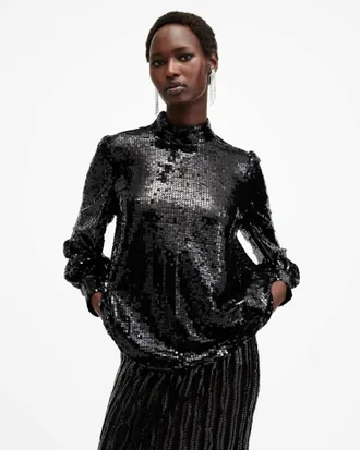 AllSaints Polyamide Whitney Long Sleeve Sequin Top, Size: UK 10/US 6