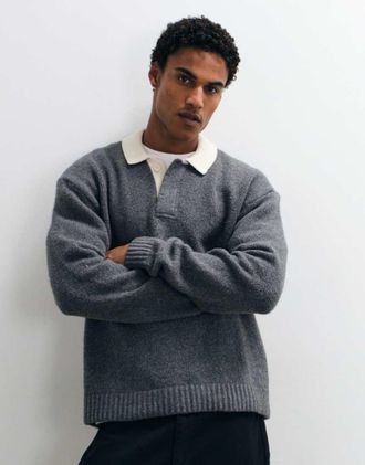 Abercrombie & Fitch maglione polo in maglia a maniche lunghe con bottoni e colletto a contrasto grigio