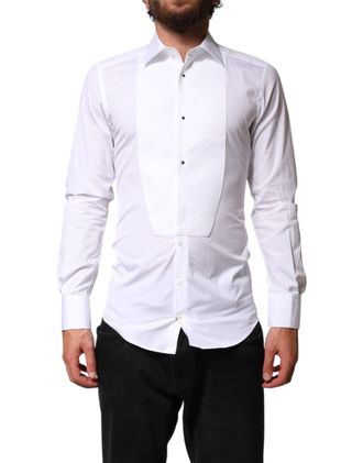 Dolce & Gabbana Mens White Cotton Gold Collared Dress Bib Formal Shirt