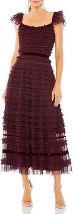 Mac Duggal Ruffle Cap Sleeve Embellished Tiered Midi Dress in Amethyst at Nordstrom, Size 12