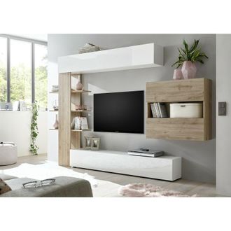 Dmora Dmora - Sistema De Pared De Sal&oacute;n Reversible, Made In Italy, Mueble Tv, Conjunto De Sal&oacute;n Moderno, 295x30h197 Cm, Blanco Brillo Y Color Cemento, Con E
