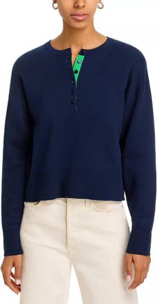 525 america Genevieve Solid Drop Shoulder Henley Sweater In Dark Blue