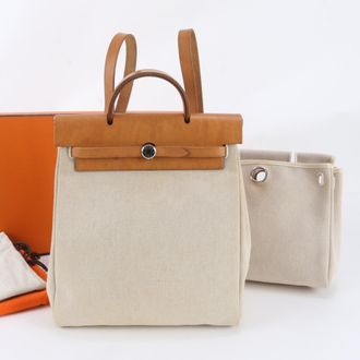 Herm&egrave;s Beige Leather Canvas Backpack (Pre-Owned)