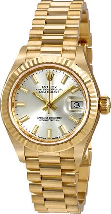 Rolex Lady-Datejust 28 Silver Dial 18K Yellow Gold President Automatic Ladies Watch 279178SSP