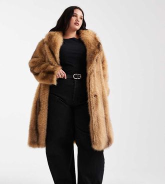 Asos Curve ASOS DESIGN Curve - Cappotto taglio medio arancione a righe in pelliccia sintetica-Marrone